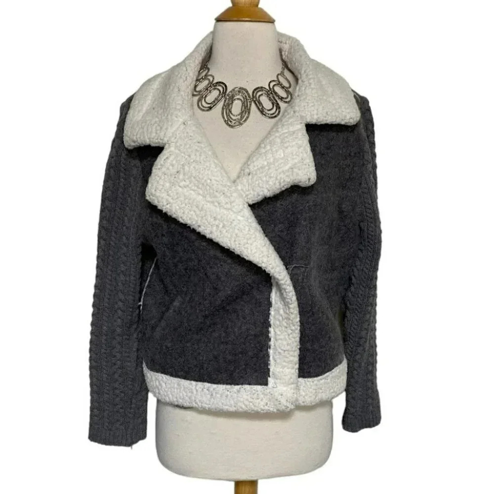 Lipslide Moto Jacket S Gray‎ White Sherpa Trim Cable Knit Wool Blend J34695